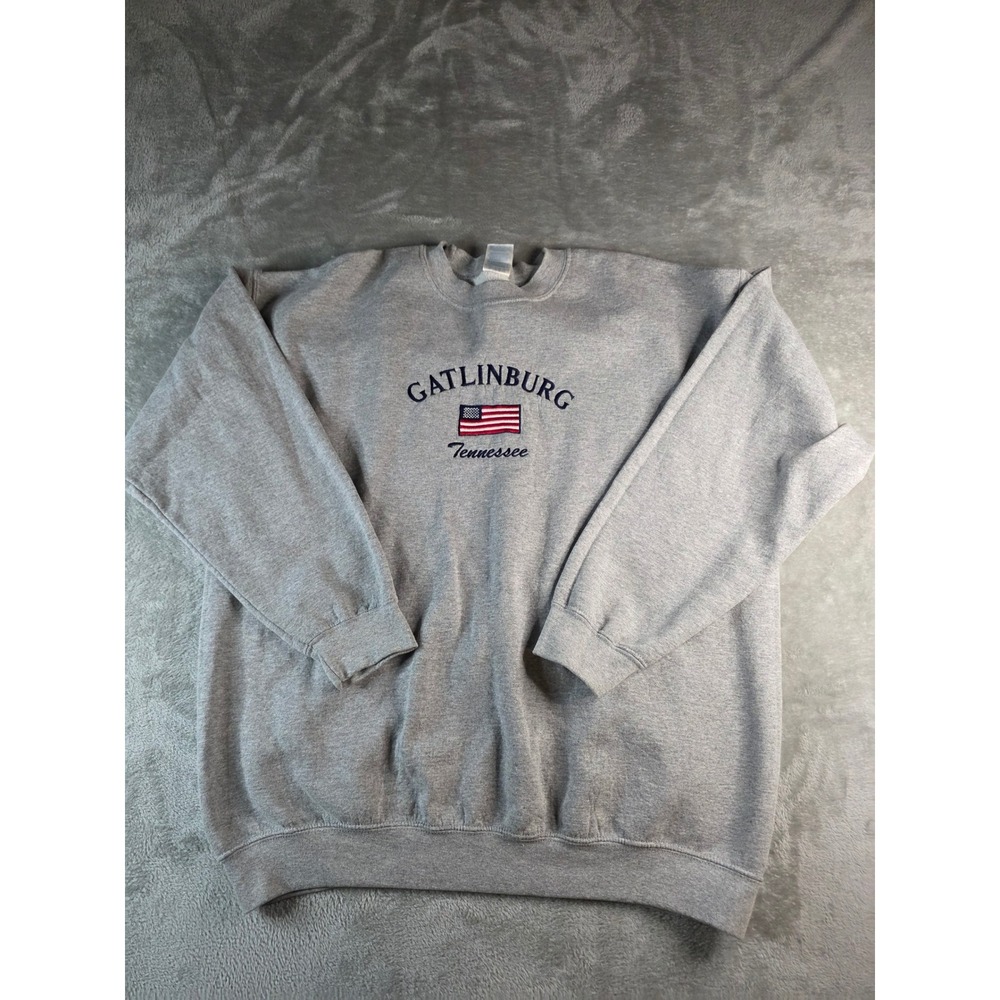 Gildan Sweatshirt Mens XL Gray Gatlinburg Tennessee Embroidered Flag Pullover